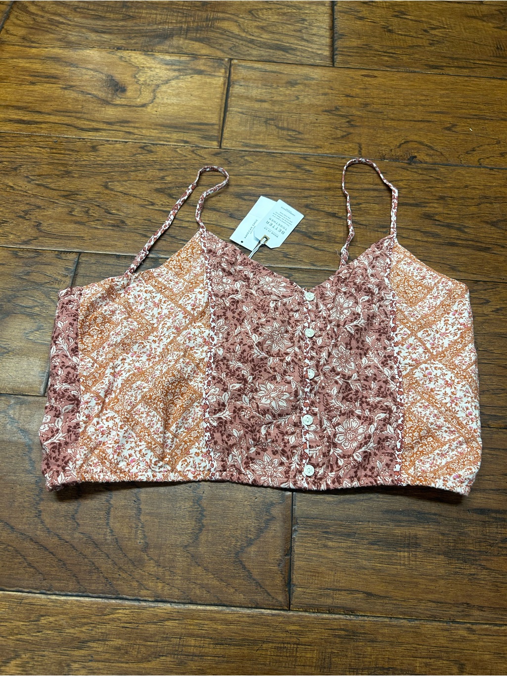 American Eagle Floral Patchwork Linen Cotton Button-Front Crop Top